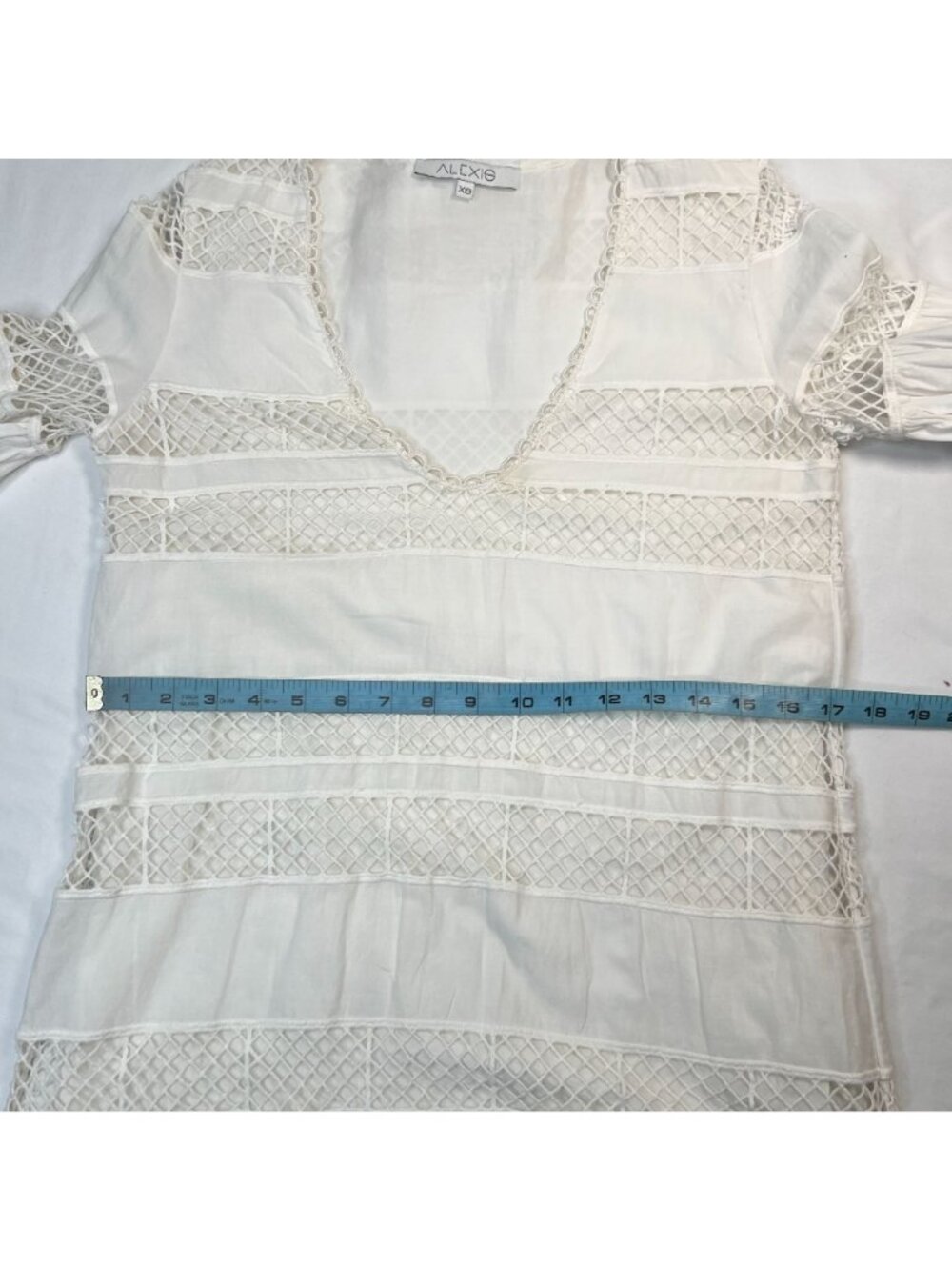 Alexis Lace Mini Dess Boho Bell Sleeve Striped Shift Ivory White  XS - Picture 5 of 11
